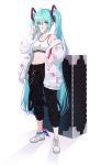  1girl absurdres alternate_costume aqua_eyes black_pants commentary_request earphones earphones eyebrows_visible_through_hair glasses hair_between_eyes hatsune_miku highres jacket long_hair long_sleeves looking_at_viewer midriff navel off_shoulder open_mouth pants rlawoals2588 shadow shoes simple_background solo sports_bra twintails very_long_hair vocaloid white_background white_footwear white_jacket white_sports_bra 