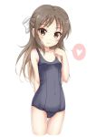  1girl bangs bare_arms bare_shoulders black_swimsuit blush bow brown_eyes brown_hair closed_mouth commentary_request covered_navel cropped_legs eyebrows_visible_through_hair flipper hair_bow half_updo hand_up heart idolmaster idolmaster_cinderella_girls long_hair old_school_swimsuit one-piece_swimsuit parted_bangs school_swimsuit smile solo spoken_heart swimsuit tachibana_arisu very_long_hair white_bow 