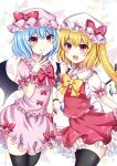  2girls bangs bat_wings black_legwear blonde_hair blue_hair blush bow bowtie clenched_hand commentary_request cowboy_shot crystal dress eyebrows_visible_through_hair fang fang_out flandre_scarlet frilled_shirt_collar frills hair_between_eyes hand_up hat hat_bow highres long_hair looking_at_viewer mob_cap multiple_girls one_side_up open_mouth petticoat pink_dress pink_eyes pink_headwear puffy_short_sleeves puffy_sleeves red_bow red_eyes red_neckwear red_skirt red_vest remilia_scarlet shirt short_dress short_hair short_sleeves siblings sisters skirt skirt_set smile standing subaru_(subachoco) thigh-highs thighs touhou vest white_background white_headwear white_shirt wings wrist_cuffs yellow_bow yellow_neckwear zettai_ryouiki 