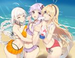  3girls ahoge antenna_hair arched_back ass bangs beach bikini bikini_under_clothes black_hairband blonde_hair blush braid breast_press breasts closed_eyes closed_mouth collarbone commentary_request eating eyebrows_visible_through_hair eyes_visible_through_hair feeding food frilled_bikini frills from_side green_eyes hair_intakes hair_ornament hairband holding holding_food hug kizuna_akari large_breasts long_hair mouth_hold multiple_girls ocean open_mouth orange_bikini outdoors parted_lips popsicle purple_bikini purple_hair red_bikini shaved_ice shirt short_hair_with_long_locks silver_hair small_breasts smile standing swimsuit tareme tsurumaki_maki twin_braids very_long_hair violet_eyes voiceroid water white_shirt yappen yuzuki_yukari 