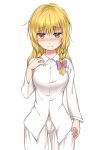  1girl blonde_hair blush braid breasts closed_mouth eyebrows_visible_through_hair hair_ornament hair_ribbon kirisame_marisa long_hair looking_at_viewer medium_breasts pajamas ribbon shiny shiny_hair simple_background solo standing touhou white_background yellow_eyes yonaga_(masa07240) 