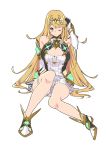  1girl 4410_(kanimiso) absurdres bare_shoulders blonde_hair breasts cleavage_cutout elbow_gloves gloves highres large_breasts long_hair mythra_(xenoblade) one_eye_closed sitting thigh_strap white_background xenoblade_(series) xenoblade_2 yellow_eyes 