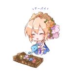  1girl ^_^ bare_shoulders blonde_hair cape chibi closed_eyes dress elephant europa_(granblue_fantasy) flower granblue_fantasy hair_flower hair_ornament headdress open_mouth pashi_(pasi_gbf) short_hair smile solo watering watering_can 