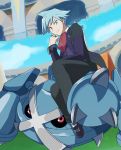  1boy ascot blue_eyes enon long_sleeves looking_at_viewer metagross pokemon pokemon_(creature) pokemon_(game) ring sitting tsuwabuki_daigo white_hair 