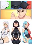  1boy 3girls band-width black_hair black_legwear black_leotard blue_hair blue_legwear blush bodysuit breasts bridal_gauntlets commission covered_navel elbow_gloves game_console gloves green_eyes hands_together heterochromia impossible_clothes impossible_leotard large_breasts leotard microsoft multicolored_hair multiple_girls nintendo nintendo_switch nude original os-tan personification playstation_4 real_life red_legwear redhead seiza sitting sony thick_thighs thigh-highs thighs white_hair white_legwear white_leotard xbox_one you_gonna_get_raped 