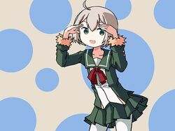  1girl adrian_ferrer bangs commentary cowboy_shot english_commentary fur-trimmed_sleeves fur_trim green_eyes green_jacket green_skirt grey_background jacket kantai_collection long_sleeves looking_at_viewer neck_ribbon pantyhose pleated_skirt polka_dot polka_dot_background red_ribbon ribbon school_uniform serafuku shading_eyes shimushu_(kantai_collection) shimushu_pose short_hair silver_hair skirt solo tareme white_legwear 