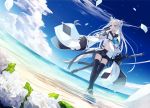  1girl animal_ears azur_lane bangs beach black_gloves black_legwear black_skirt blue_eyes blue_neckwear blue_sky closed_mouth clouds cloudy_sky commentary_request day detached_sleeves dress expressionless eyebrows_visible_through_hair flower fox_ears fox_tail gloves grey_hair hair_between_eyes highres holding holding_sword holding_weapon kawakaze_(azur_lane) long_hair long_sleeves nagishiro_mito navel neckerchief pleated_skirt ribbon-trimmed_sleeves ribbon_trim skirt sky solo sword tail thigh-highs very_long_hair weapon white_flower wide_sleeves 