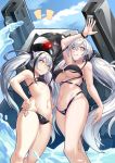  2girls 463_jun absurdres armpits bikini black_bikini black_hair blue_sky breasts clouds destroyer_(girls_frontline) dinergate_(girls_frontline) gaia_(girls_frontline) girls_frontline grin hair_between_eyes hand_on_hip highres long_hair looking_at_viewer multiple_girls navel sangvis_ferri silver_hair sky small_breasts smile swimsuit swimsuit thighs twintails very_long_hair yellow_eyes 