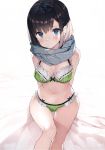  1girl 3: absurdres arms_behind_back artist_name black_hair blue_eyes blush bra breasts closed_mouth eyebrows_visible_through_hair green_bra green_panties highres looking_at_viewer matsui_hiroaki medium_breasts melonbooks navel panties plaid plaid_scarf scan scarf short_hair sitting solo underwear underwear_only 