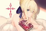  1girl ahoge artoria_pendragon_(all) bangs bare_shoulders blonde_hair blue_ribbon blush book braid breasts closed_mouth command_spell crown_braid dress earphones eyebrows_visible_through_hair fate/stay_night fate_(series) green_eyes hair_ribbon holding holding_book koo_emong long_hair looking_at_viewer lying on_stomach ribbon saber sidelocks smile solo under_covers white_dress 