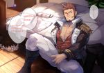  abs absurdres alu379 bara beard bed boots chaldea_uniform chest english_text epaulettes facial_hair fate/grand_order fate_(series) fujimaru_ritsuka_(male) highres male_focus muscle napoleon_bonaparte_(fate/grand_order) one_eye_closed pants pectorals saint_quartz scar smile solo stuffed_toy teeth uniform 