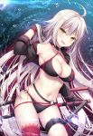  1girl ahoge belt bikini black_bikini black_gloves blush breasts eyebrows_visible_through_hair fate/grand_order fate_(series) gloves jeanne_d&#039;arc_(alter_swimsuit_berserker) jeanne_d&#039;arc_(fate)_(all) katana large_breasts leg_garter long_hair looking_at_viewer navel o-ring o-ring_bikini open_mouth red_legwear shikitani_asuka silver_hair single_thighhigh smile solo standing swimsuit sword thigh-highs very_long_hair weapon yellow_eyes 