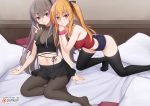  2girls ass bangs bare_arms bare_shoulders black_legwear black_ribbon black_skirt blonde_hair breasts brown_hair collarbone commentary eyebrows_visible_through_hair girls_frontline green_eyes hair_between_eyes hair_ribbon long_hair looking_at_viewer medium_breasts multiple_girls navel on_bed one_side_up pantyhose pillow ribbon scar scar_across_eye see-through short_shorts shorts skirt small_breasts smile thigh-highs ump45_(girls_frontline) ump9_(girls_frontline) vahn_yourdoom 