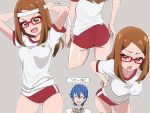  1boy 1girl :d akai_glassese aoba_yuzuru arms_up ass bangs blue_hair breasts brown_eyes brown_hair buruma collarbone collared_shirt commentary_request contrapposto eyebrows_visible_through_hair forehead glasses grey_background gym_shirt gym_uniform hair_between_eyes hand_on_hip hands_up headband holding kiratto_pri_chan leaning_forward long_hair medium_breasts multiple_views open_mouth outline parted_bangs red-framed_eyewear red_buruma shirt short_sleeves simple_background smile tonbi v-shaped_eyebrows white_outline white_shirt 