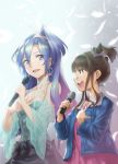  2girls bangs blue_eyes blue_hair blunt_bangs brown_hair choker commentary earrings eyebrows_visible_through_hair feathers hair_between_eyes hair_ornament hand_on_own_chest highres holding holding_microphone jewelry kazanari_tsubasa long_hair looking_at_another microphone multiple_girls murakami_hisashi music open_mouth senki_zesshou_symphogear side_ponytail singing smile violet_eyes 