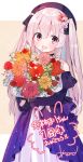  1girl akagashi_hagane bare_shoulders black_headwear bouquet dress flower hair_flower hair_ornament hat long_hair object_hug open_mouth pink_eyes pink_hair purple_dress ribbon smile solo strapless strapless_dress tomari_mari tomari_mari_channel two_side_up virtual_youtuber white_dress 