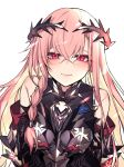  1girl alternate_costume armor armored_dress bangs blush braid breasts crossed_bangs eyebrows_visible_through_hair girls_frontline hair_between_eyes hair_ornament hexagram highres jingo long_hair looking_at_viewer medium_breasts negev_(girls_frontline) pink_hair red_eyes side_braid sidelocks simple_background smile solo star_of_david white_background 