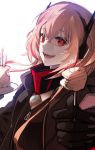  1girl :d bangs black_gloves black_jacket black_shirt blonde_hair burning cake candle cizzi commentary eyebrows_visible_through_hair fire food girls_frontline gloves hair_between_eyes headphones highres holding jacket long_sleeves looking_at_viewer m4_sopmod_ii_(girls_frontline) multicolored_hair open_clothes open_jacket open_mouth red_eyes redhead shirt sidelocks simple_background smile solo streaked_hair upper_body white_background 