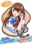  1girl :3 anchor aoki_hagane_no_arpeggio blue_neckwear brown_eyes brown_hair celebration commentary_request copyright_name countdown hair_ornament hairclip highres honeycomb_(pattern) honeycomb_background hyuuga_(aoki_hagane_no_arpeggio) itsuki_sayaka long_hair looking_at_viewer military military_uniform monocle naval_uniform rope smile solo translation_request uniform upper_body white_background 