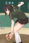  1girl artist_name baseball_mitt black_hair black_skirt blurry chicken_(chickenx) commentary_request dated depth_of_field green_jacket grey_eyes hayasui_(kantai_collection) jacket kantai_collection leaning_forward looking_at_viewer pitching pleated_skirt short_hair skirt socks softball solo squatting track_jacket white_legwear 
