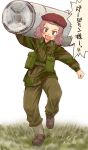  1girl :d alternate_costume belt beret british_army brown_eyes brown_footwear brown_pants camouflage_jacket carrying_over_shoulder commentary girls_und_panzer green_jacket harness hat insignia jacket long_sleeves looking_at_viewer medium_hair military military_uniform open_mouth pants pouch red_headwear redhead rosehip smile solo standing translated uniform uona_telepin utility_belt v-shaped_eyebrows walking 