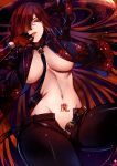  1girl belt between_breasts breasts commentary_request fate/grand_order fate_(series) floral_print hair_over_one_eye large_breasts long_hair looking_at_viewer lying navel necktie necktie_between_breasts oda_nobunaga_(fate) oda_nobunaga_(maou_avenger)_(fate) oda_uri on_back open_clothes open_pants open_shirt red_eyes redhead smile solo translated upper_body 