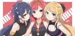  3girls ayase_eli bangs blonde_hair blue_eyes blue_hair blush closed_mouth commentary_request dress earrings elbow_gloves eyebrows_visible_through_hair gloves hair_between_eyes jewelry long_hair looking_at_viewer love_live! love_live!_school_idol_project multiple_girls nishikino_maki redhead simple_background smile soldier_game sonoda_umi tiara totoki86 violet_eyes 