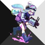  .52_gal_(splatoon) 1girl absurdres aqua_hair bike_shorts black_shorts blue_footwear blue_shirt bobblehat boots collared_shirt commentary domino_mask fang full_body goggles goggles_on_headwear green_headwear highres holding holding_weapon ink_tank_(splatoon) inkling jacket leaning_forward long_sleeves looking_at_viewer mask meco open_mouth paint_splatter purple_jacket purple_tongue running shirt shorts single_vertical_stripe sleeveless_jacket smile solo splatoon_(series) splatoon_1 standing tentacle_hair violet_eyes weapon 