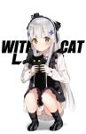  1girl animal apron black_apron black_bow black_cat black_footwear black_hairband black_headwear black_legwear blush bow cat closed_mouth commentary_request facial_mark fingernails full_body girls_frontline hair_bow hair_ornament hairband hat highres hk416_(girls_frontline) holding holding_animal idemitsu loafers long_hair long_sleeves mini_hat panties pleated_skirt ribbed_legwear shadow shirt shoes silver_hair skirt smile socks solo squatting tilted_headwear two_side_up underwear very_long_hair white_background white_panties white_shirt white_skirt yellow_eyes 