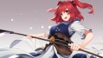  1girl :d asutora gradient gradient_background grey_background hair_bobbles hair_ornament holding holding_scythe onozuka_komachi open_mouth red_eyes redhead scythe short_hair short_sleeves smile solo touhou twintails 