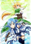  2girls asuna_(sao) asuna_(sao-alo) bare_shoulders belt blonde_hair blue_background blue_eyes blue_hair blue_legwear blush boots braid breasts brown_footwear collaboration commentary_request detached_sleeves digital_dissolve elf fairy_wings freekenji422 full_body green_eyes green_wings highres large_breasts leafa lips long_hair looking_at_viewer multiple_girls pointy_ears ponytail puma_(hyuma1219) shiny shiny_hair side_braid skirt smile sword sword_art_online thigh-highs twin_braids twitter_username very_long_hair weapon white_legwear wings 