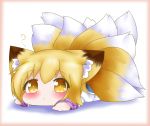  1girl :&lt; ? animal_ear_fluff animal_ears blonde_hair blush border bright_pupils chibi dress eyebrows_visible_through_hair fox_ears fox_tail hair_between_eyes looking_at_viewer lying multiple_tails no_hat no_headwear on_stomach pink_border shadow short_hair solo tail touhou white_background white_dress white_pupils yairenko yakumo_ran yellow_eyes 