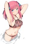  1girl armpits bangs bikini black_ribbon blue_eyes blush breasts collarbone commentary_request eyebrows_visible_through_hair from_above go-toubun_no_hanayome hair_ornament large_breasts looking_at_viewer nakano_nino navel pink_bikini pink_hair ribbon shiseki_hirame sideboob simple_background smile solo standing swimsuit twintails white_background 