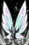  1996121012105422 butterfly_wings cloak cracked_floor full_body glowing glowing_wings highres hollow_eyes hollow_knight hollow_knight_(character) kneeling nail solo wind wind_lift wings 