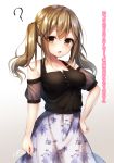  1girl ? bang_dream! bangs bare_shoulders black_shirt blush breasts brown_background brown_eyes collarbone commentary_request eyebrows_visible_through_hair floral_print gradient gradient_background hair_between_eyes hair_ornament hand_on_hip highres ichigaya_arisa light_brown_hair long_hair looking_at_viewer medium_breasts parted_lips print_skirt ramchi see-through see-through_sleeves shirt sidelocks signature skirt solo sweat translated twintails white_background white_skirt x_hair_ornament 