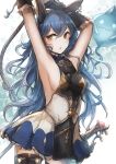  1girl animal_ears armpits arms_up black_legwear blue_hair blue_skirt breasts brown_gloves cowboy_shot curly_hair elbow_gloves ferry_(granblue_fantasy) floating_hair frilled_gloves frills gloves granblue_fantasy hair_between_eyes highres long_hair looking_at_viewer medium_breasts miniskirt open_mouth pleated_skirt sheath sheathed shiny shiny_hair sideboob skirt solo standing sword thigh-highs tsyn two-tone_skirt very_long_hair weapon white_background white_skirt yellow_eyes zettai_ryouiki 