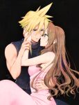  2020 aerith_gainsborough arm_around_waist bare_arms black_background black_sweater blonde_hair blue_eyes breasts brown_hair closed_mouth cloud_strife couple dated dress eye_contact final_fantasy final_fantasy_vii green_eyes hair_down hetero imminent_kiss krudears long_hair looking_at_another medium_breasts parted_lips pink_dress ribbed_sweater shiny shiny_skin sleeveless sleeveless_dress sleeveless_sweater spiky_hair sweater very_long_hair 