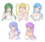  5girls blonde_hair blue_eyes blue_hair caren_(mermaid_melody_pichi_pichi_pitch) choker dress earrings eyeshadow green_eyes green_hair hair_ornament highres houshou_hanon jewelry lipstick long_hair looking_at_viewer makeup mermaid_melody_pichi_pichi_pitch multiple_girls nanami_lucia noel_(mermaid_melody_pichi_pichi_pitch) ohisashiburi purple_hair shell_necklace smile star star_earrings star_hair_ornament touin_rina twintails violet_eyes wavy_hair white_background white_dress 