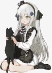  1girl animal apron bangs black_apron black_cat black_headwear black_legwear black_neckwear black_ribbon bow bowtie cat checkered checkered_neckwear collared_dress commentary_request dress eyebrows_visible_through_hair facial_mark frilled_apron frills full_body fuyono_neru girls_frontline green_eyes grey_background hair_ornament hair_ribbon hat highres hk416_(girls_frontline) holding holding_animal loafers long_hair long_sleeves medium_dress mini_hat mini_top_hat open_mouth partial_commentary ribbon shoes silver_hair simple_background sitting socks solo teardrop top_hat wariza white_dress 