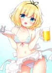  1girl :d apron aqua_eyes ass_visible_through_thighs bare_shoulders beer_mug bikini blush breasts collarbone cowboy_shot cup eyebrows_visible_through_hair frilled_apron frills front-tie_bikini front-tie_top gochuumon_wa_usagi_desu_ka? gradient gradient_background highres holding holding_cup kirima_sharo looking_at_viewer medium_hair navel open_mouth sasai_saji side-tie_bikini signature simple_background small_breasts smile solo string_bikini striped striped_bikini swimsuit tippy_(gochiusa) tray waist_apron white_apron wild_geese 