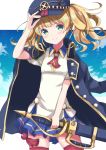  1girl adjusting_clothes adjusting_hat akiyasu blonde_hair clouds commentary_request green_eyes hat long_coat medium_hair monica_weisswind princess_connect! princess_connect!_re:dive sky smile solo sword thigh-highs twintails weapon 