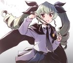  1girl anchovy anzio_school_uniform bangs belt cape drill_hair girls_und_panzer green_hair hair_ribbon long_hair looking_at_viewer necktie open_mouth red_eyes ribbon school_uniform simple_background skirt solo twin_drills vri_(tinder_box) white_background 