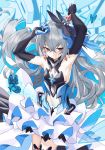  1girl armpits arms_up bangs big_hair black_gloves blue_background blue_butterfly blue_eyes breasts bronya_zaychik bronya_zaychik_(cyberangel) bug butterfly center_opening commentary_request crossed_bangs dress earrings elbow_gloves gem ginklaga gloves hair_ribbon honkai_(series) honkai_impact_3rd insect jewelry layered_dress looking_at_viewer ribbon serious sideboob silver_hair small_breasts solo thigh-highs 