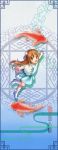  1girl :d bag blue_skirt brown_eyes brown_hair capelet double_bun fish floating_hair full_body goldfish hair_between_eyes handbag hataraku_saibou kingfingerprint leg_up long_hair miniskirt open_mouth outstretched_arms platelet_(hataraku_saibou) running skirt smile solo very_long_hair white_capelet 