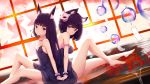  2girls animal_ear_fluff animal_ears azur_lane bangs bare_legs bare_shoulders barefoot black_dress black_hair blurry blurry_background blush breasts bubble cat_ears cat_mask closed_mouth collarbone commentary_request depth_of_field dress dutch_angle eyebrows_visible_through_hair filings_(ailuo_c) flower hands_together highres knee_up large_breasts long_hair looking_at_viewer looking_to_the_side mask mask_on_head multiple_girls nagato_(azur_lane) red_eyes red_flower sitting small_breasts strapless strapless_dress very_long_hair wind_chime window wrist_cuffs yamashiro_(azur_lane) 