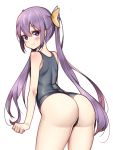  1girl ass bangs bare_shoulders blue_swimsuit blush closed_mouth eyebrows_visible_through_hair from_behind hair_between_eyes hair_ribbon hop3 long_hair looking_at_viewer one-piece_swimsuit original purple_hair ribbon school_swimsuit sidelocks simple_background smile solo swimsuit twintails very_long_hair violet_eyes white_background yellow_ribbon 