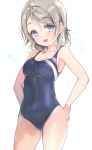  1girl bangs blue_eyes competition_swimsuit cowboy_shot emily_(pure_dream) eyebrows_visible_through_hair grey_hair highres looking_at_viewer love_live! love_live!_sunshine!! one-piece_swimsuit open_mouth short_hair solo swept_bangs swimsuit watanabe_you wet white_background 
