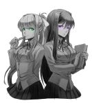  bangs book commentary doki_doki_literature_club eyebrows_visible_through_hair green_eyes greyscale hair_between_eyes hair_ornament hair_ribbon hairclip holding holding_book holding_pen jacket long_hair long_sleeves monika_(doki_doki_literature_club) monochrome murai_shinobu pen pleated_skirt ponytail ribbon school_uniform sidelocks simple_background skirt smile spot_color very_long_hair violet_eyes white_background wing_collar yuri_(doki_doki_literature_club) 