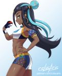  1girl armlet belly_chain bikini_shorts black_hair blue_background blue_eyes blue_gloves blue_hair cowboy_shot cslucaris dark_skin floating_hair from_side gloves grin gym_leader hair_ornament half_gloves hand_on_hip holding holding_poke_ball jewelry long_hair looking_at_viewer looking_to_the_side multicolored_hair poke_ball pokemon pokemon_(game) pokemon_swsh profile rurina_(pokemon) shorts signature smile solo sports_bikini standing two-tone_hair very_long_hair watermark web_address white_background wristband 