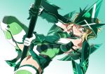  1girl akatsuki_kirika blonde_hair breasts closed_mouth green_eyes headgear leotard looking_at_viewer medium_breasts scythe senki_zesshou_symphogear shiny shiny_hair shiny_skin short_hair shunzou smile solo striped striped_legwear 